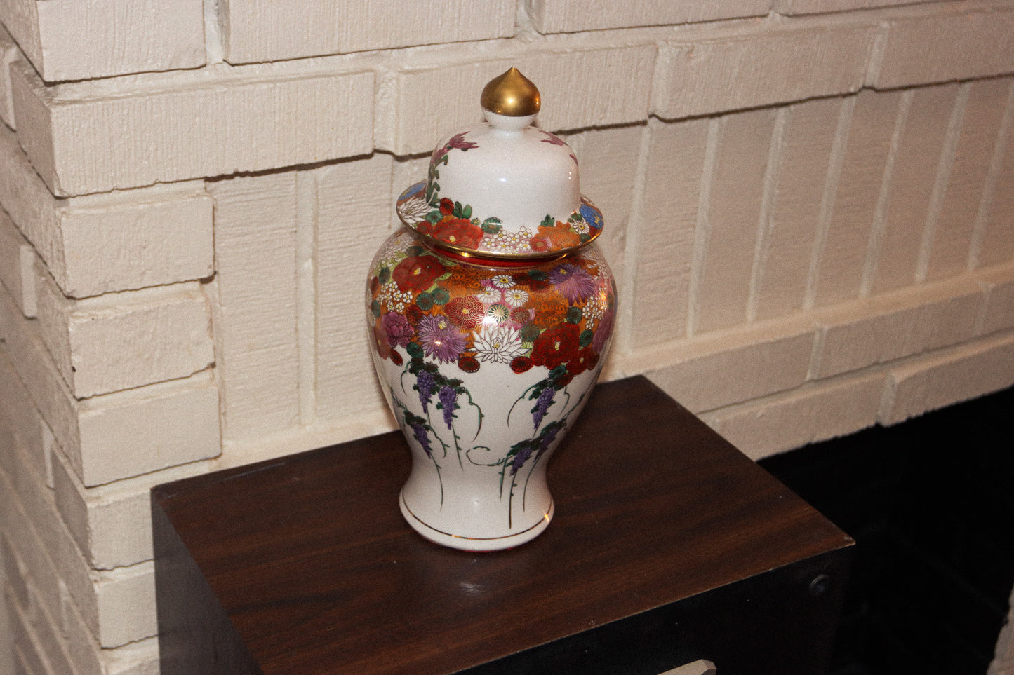 Vintage Hand Painted Japanese Floral Vase with Lid