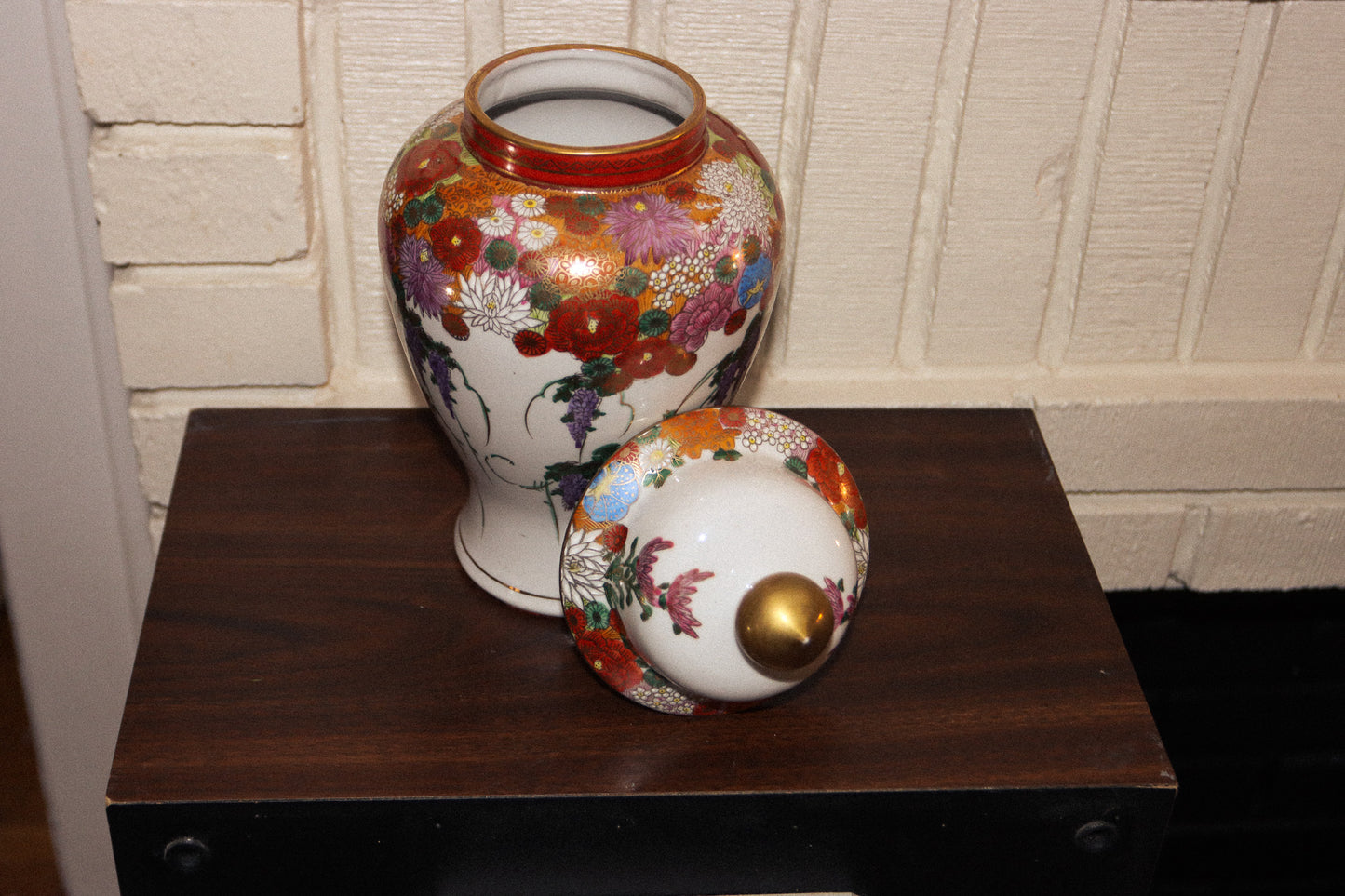 Vintage Hand Painted Japanese Floral Vase with Lid